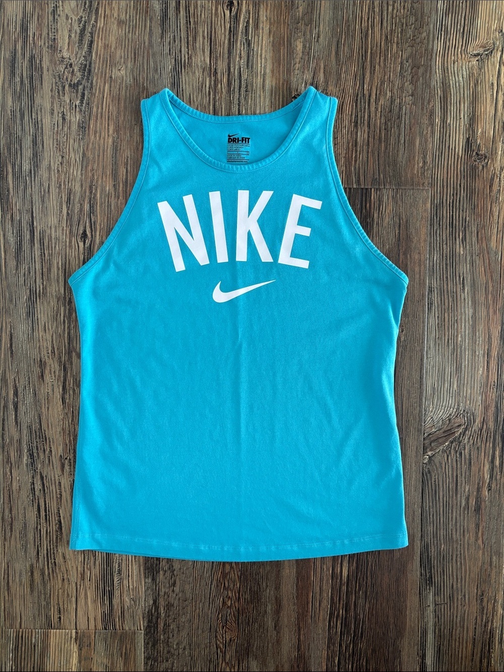 Nike Dri-Fit Spell Out Logo Tank Top Womens Sm Loose Fit Blue White Athletic Gym